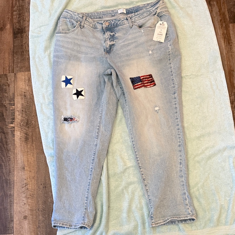 Time and Tru Light Blue Skinny Jeans with added Star and Flag Patches.